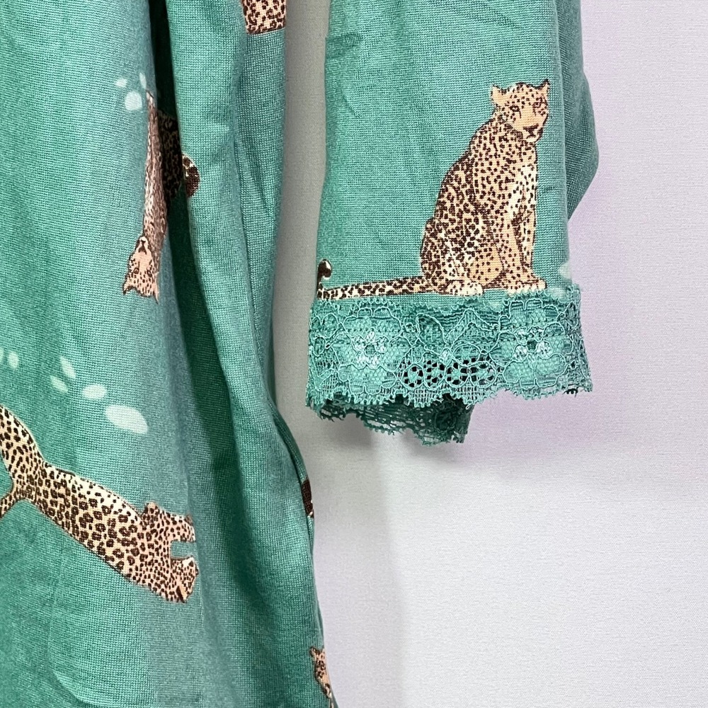 Flora Nikrooz Teal Leopard Print Henley Pajama Set Lace Trim 2 Piece Loungewear - Picture 5 of 12